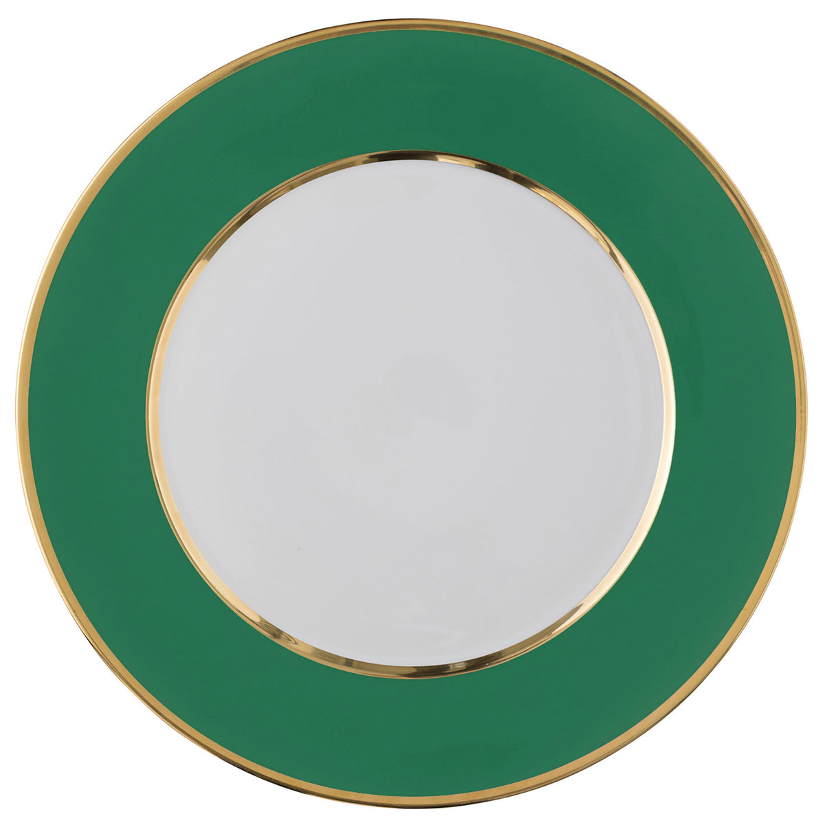 "Schubert" Charger in Forrest Green Matte & Narrow Gold Rim
