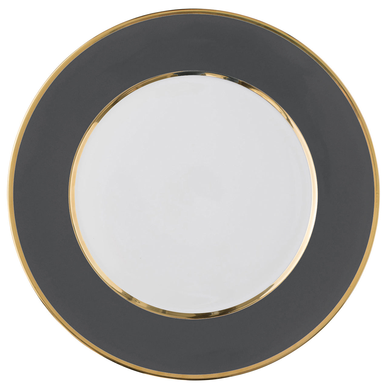 "Schubert" Charger in Light Gray Matte & Narrow Gold Rim