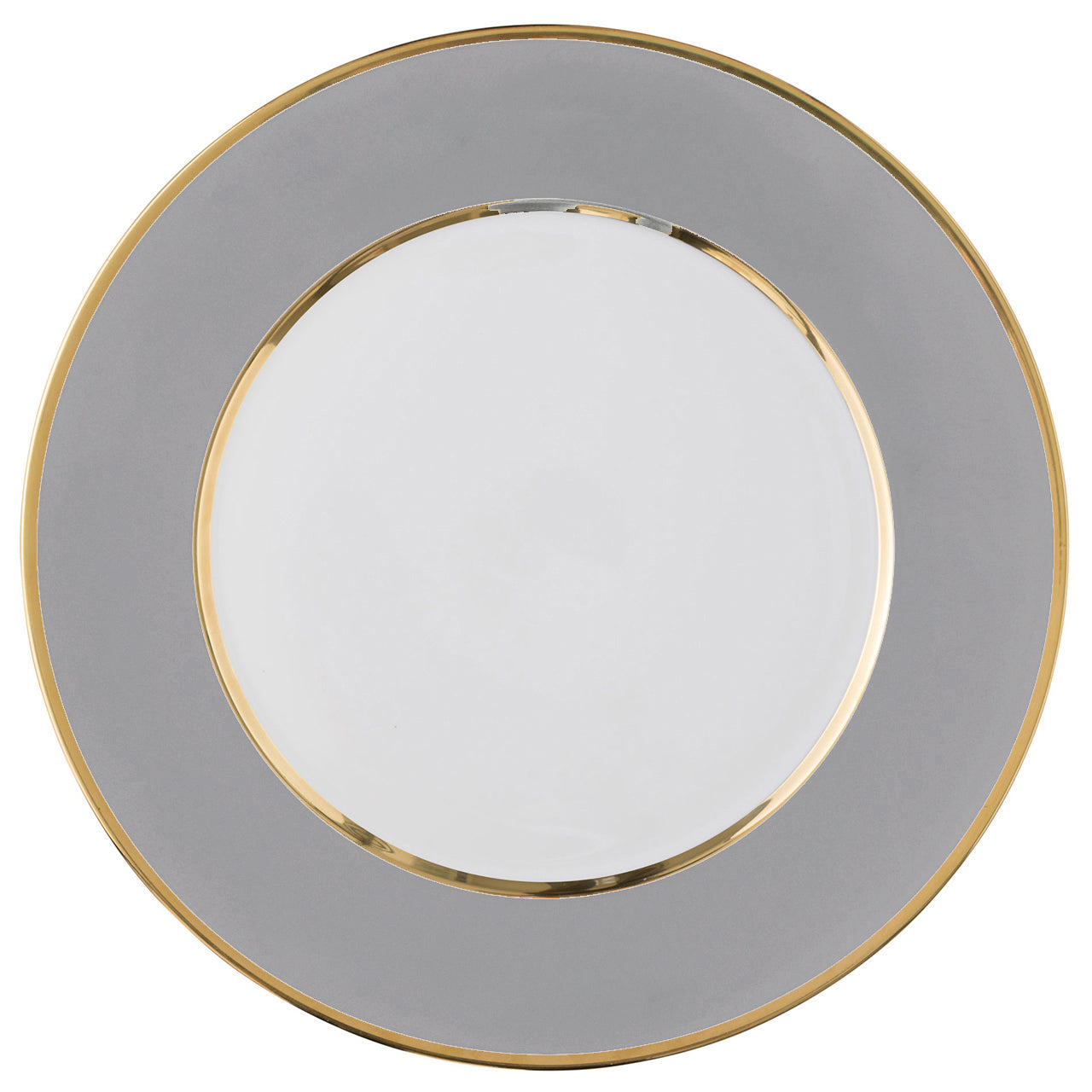 "Schubert" Charger in Light Gray Matte & Narrow Gold Rim